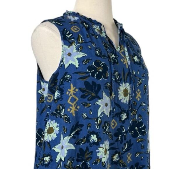 Sonoma Swing Dress Split Tie Neck Ruffle Hem Linen Blue Floral Women’s Size 0X - Picture 6 of 11